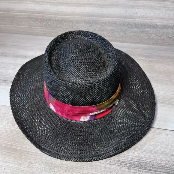 AMJ Pacific Co Black Straw hat Small/ Med with Colorful Hat Band - Picture 5 of 6